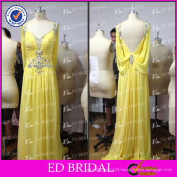 ED Elegant Real Picture China Supplier A-Line V Neck Low Back Chiffon Beaded Yellow Evening Dress 2017